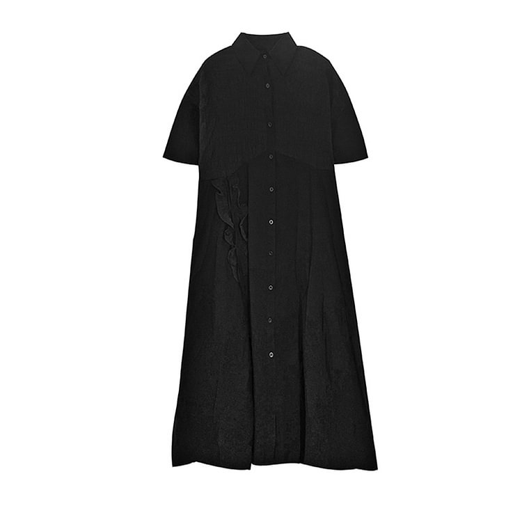Simple Loose Solid Color Lapel Wrinkled Patchwork Single-breasted Half Sleeve Pockets Dress             