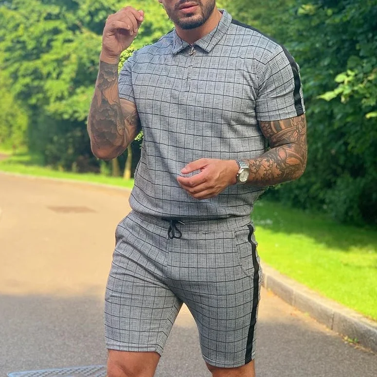Men's casual plaid pattern short sleeve polo shirt shorts suit / [viawink] /