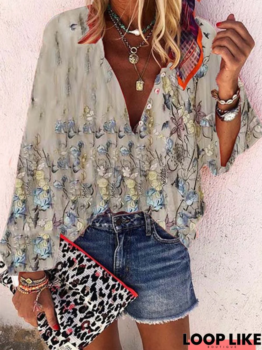 Casual Floral-Print V neck Blouse