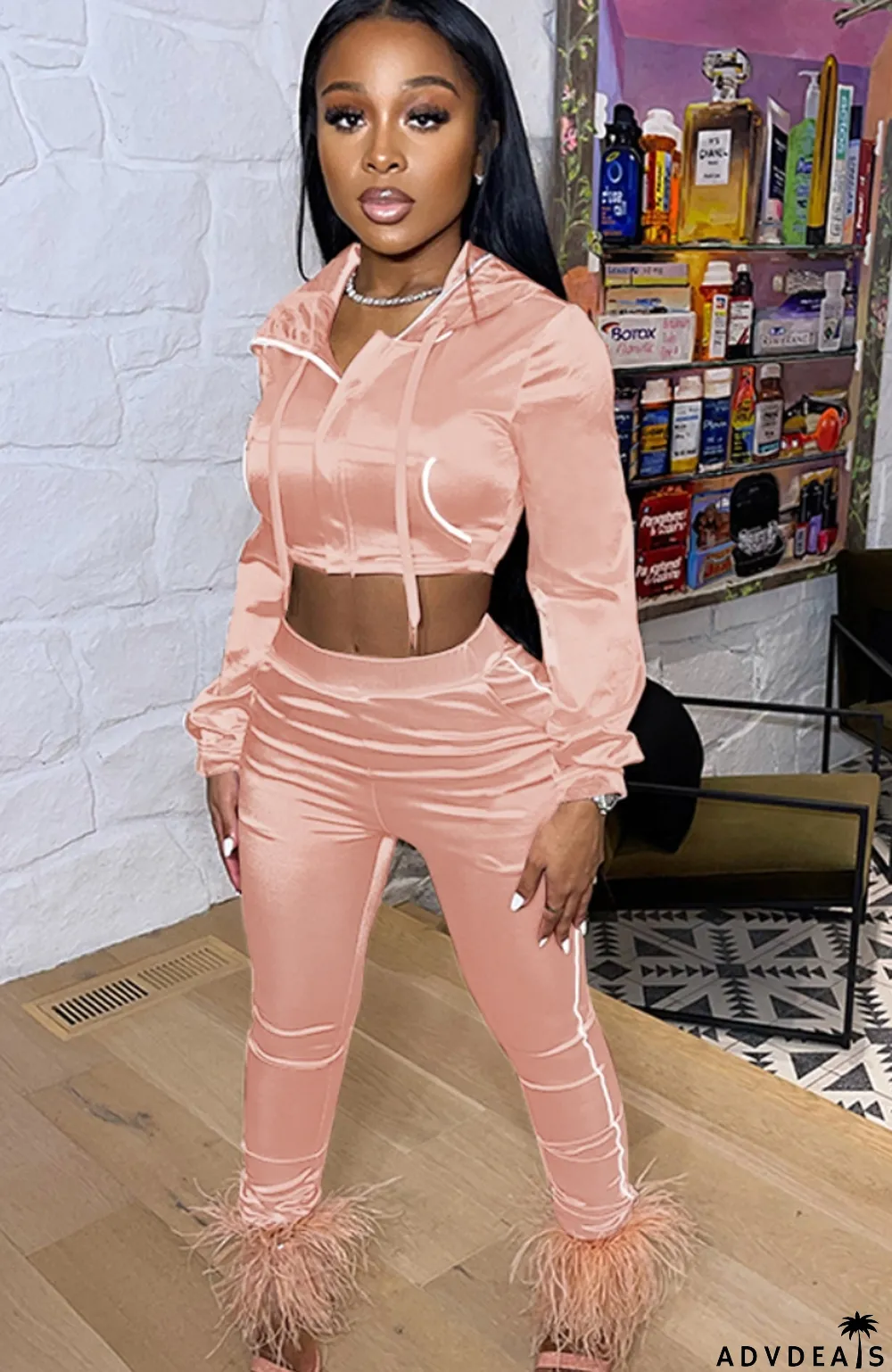 Fall Pink Hoodie Crop Top and Pants Tracksuit