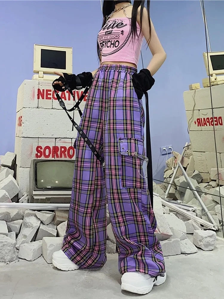 UForever21 Back to School Mall Goth Y2K Cargo Pants Women Hippie Purple Plaid Harajuku Streetwear Chain Checked Trousers Famale High Waist Aesthetic