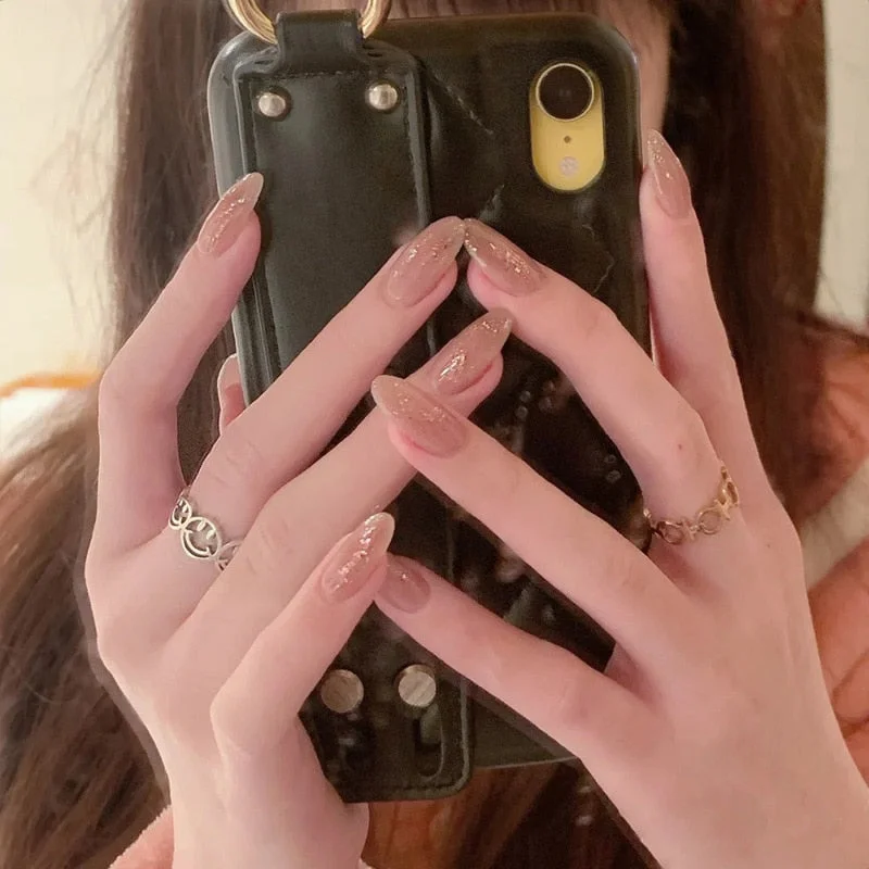 24pcs Long Style Gentle Girl Shimmering Powder Decor Popular Round Head Wearable Full Cover Finished Fake Nail with Glue TN-Nail Inspo