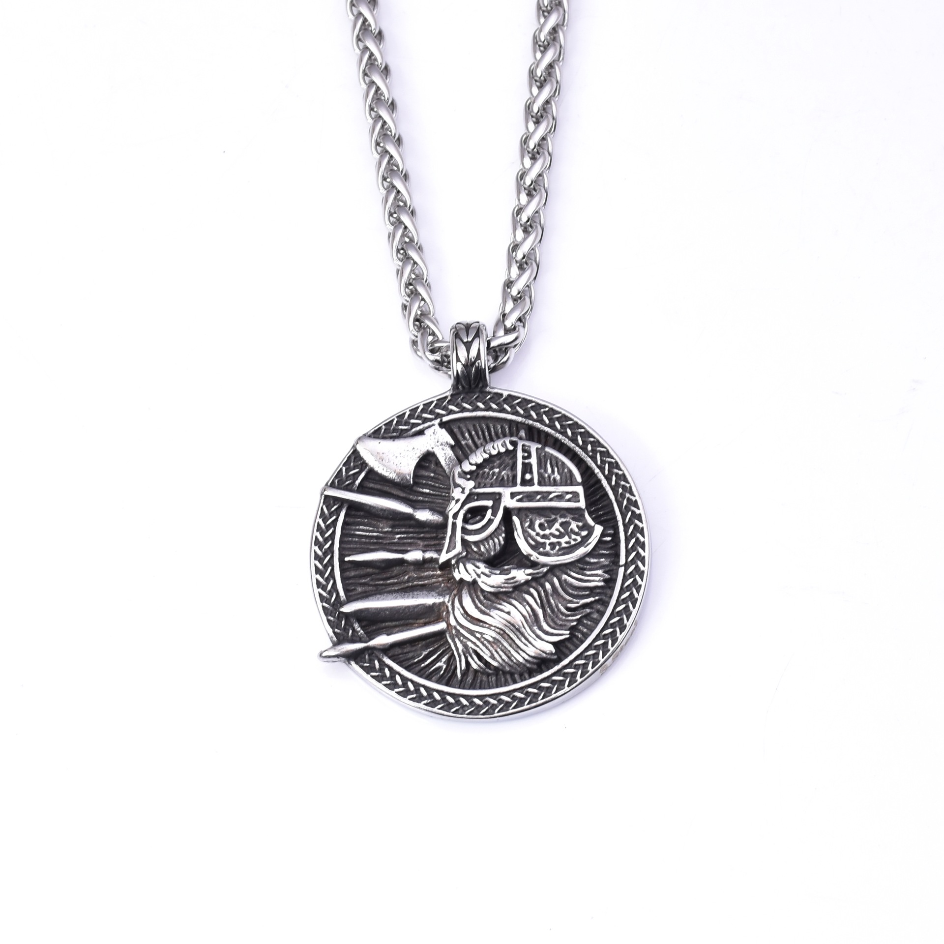 Nordic Mythology Men's Stainless Steel Viking Odin Portrait, Weapon and World Tree Pendant Necklace