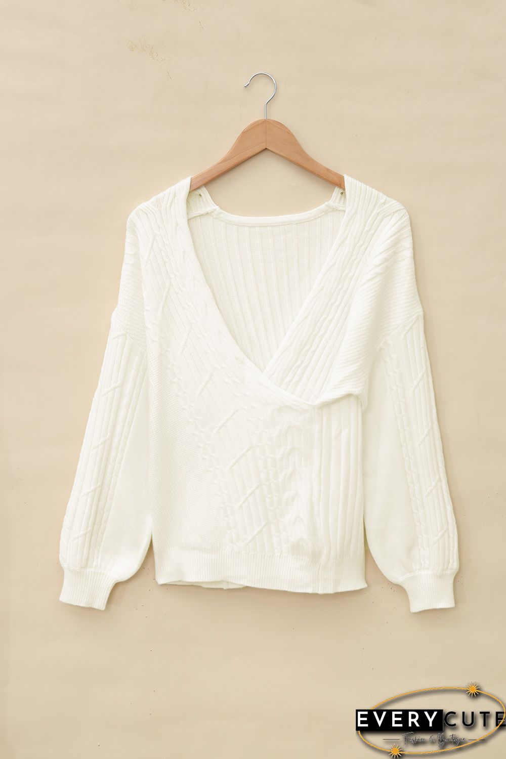 Beige Wrap V Neck Lantern Sleeve Textured Sweater