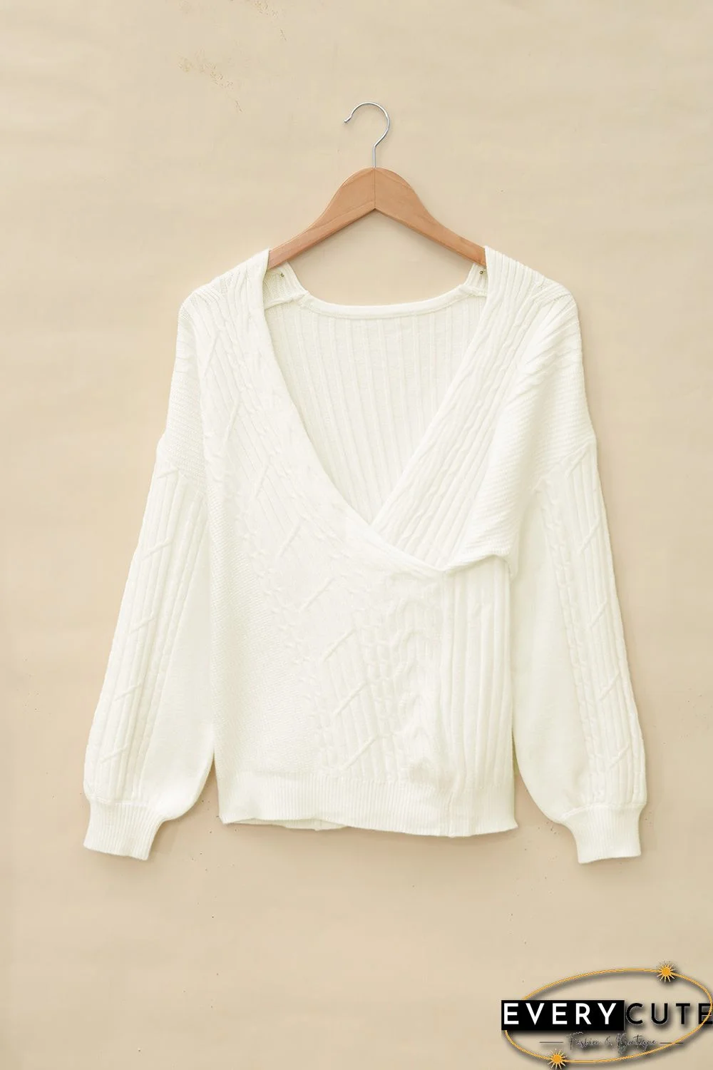 Beige Wrap V Neck Lantern Sleeve Textured Sweater