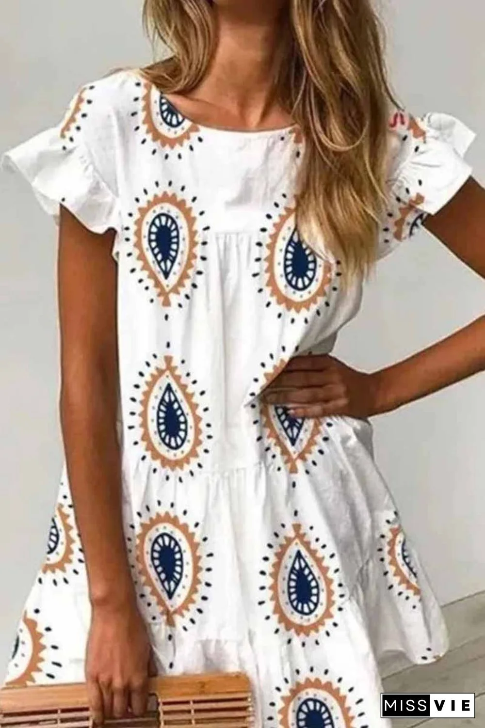 Round Neck Print Water Drop Mini Dress