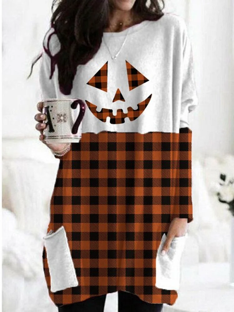 Women's Halloween Pumpkin Face Check Print Pocket Tee