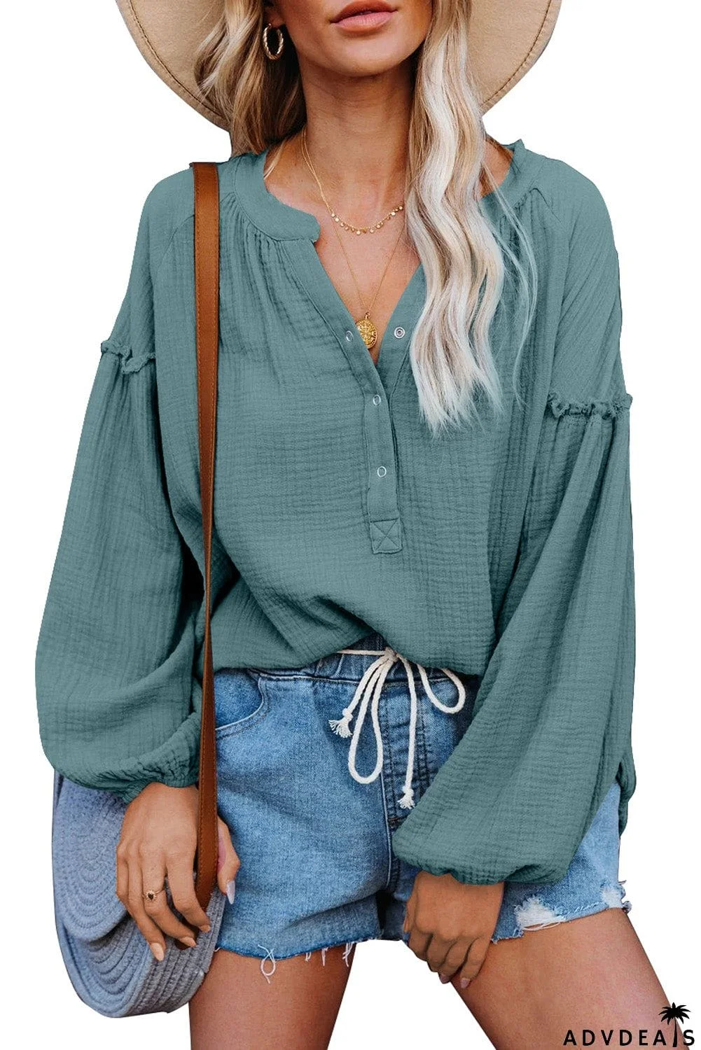 Casual Balloon Sleeve Crinkled Top