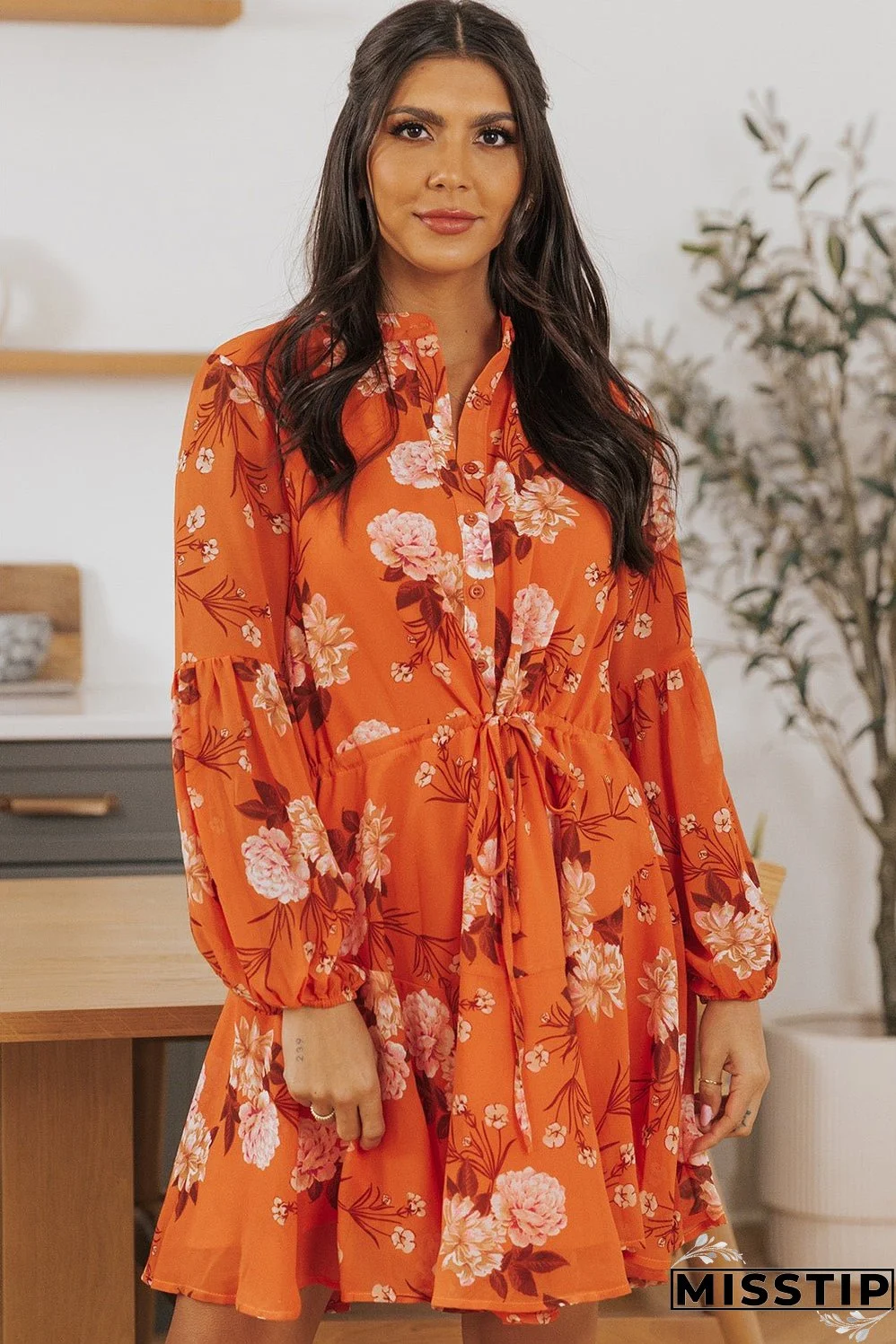 Vintage Floral Print Drawstring Flowy Dress