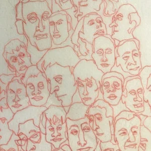 pornhint Pornhint OUR HUMAN MASKS  Red Multi-Faces, Pen and ink drawing suitable for framing and wall hanging;  the Original piece. 9.5" x 9.5" on tissue.