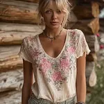 Bohemian Style Floral And Butterfly Pattern Women's T-shirt - Image 2