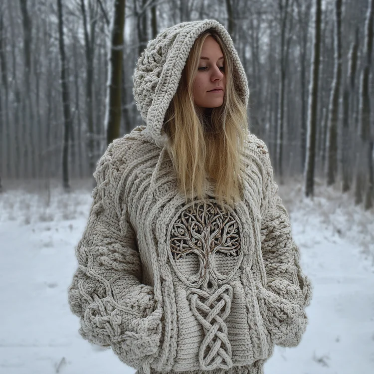 Women's Viking Tree Of Life Art Knit Jacquard Hooded Sweater