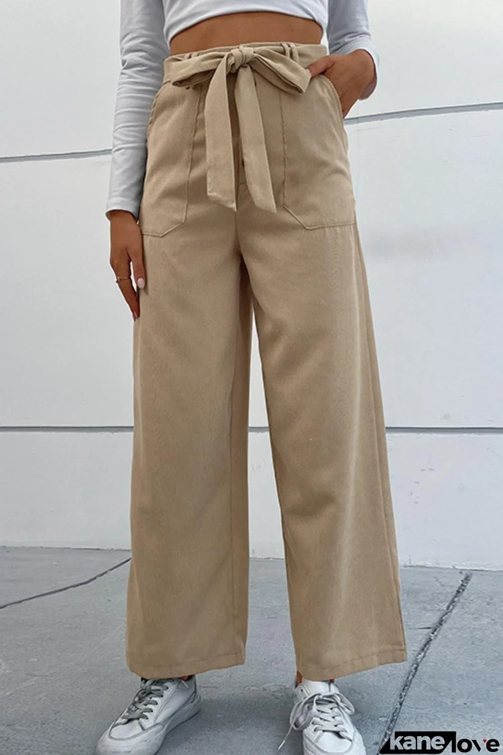 Button Fly Belted Wide Leg Pants with Pockets