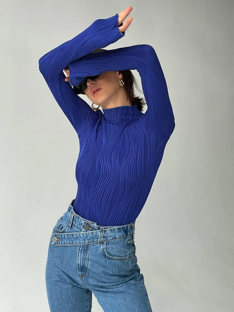 Huibahe Folds Chic Jersey T-Shirts Women Blue Turtleneck Tops Spring Inside Casual Bodycon Tee Female Long Sleeve Streetwear