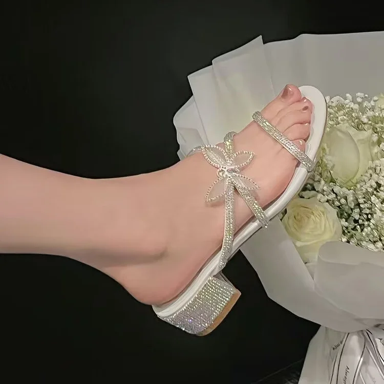 Wongn Wongn Summer New Fashion Rhinestone Bow Thin With High Heel Cool Drag Thin Heel Slippers Women's Shoes