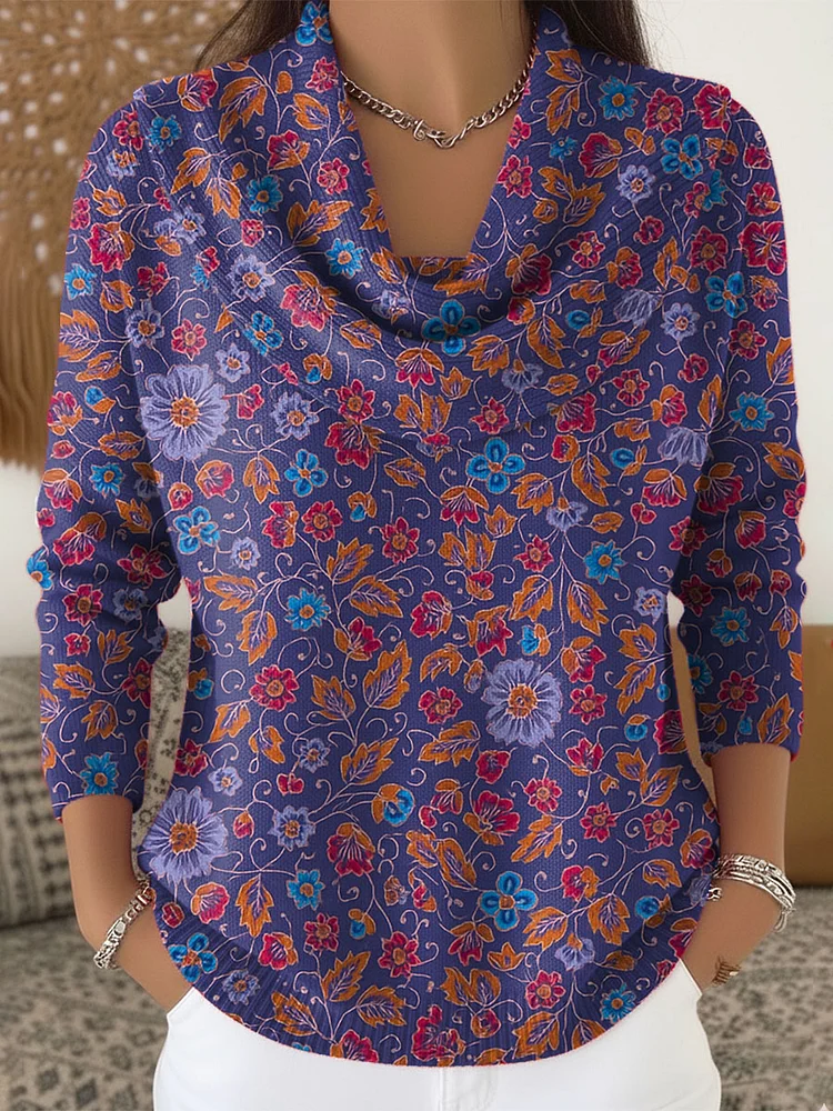 Women's Floral Art Print Cowl Neck Sweater