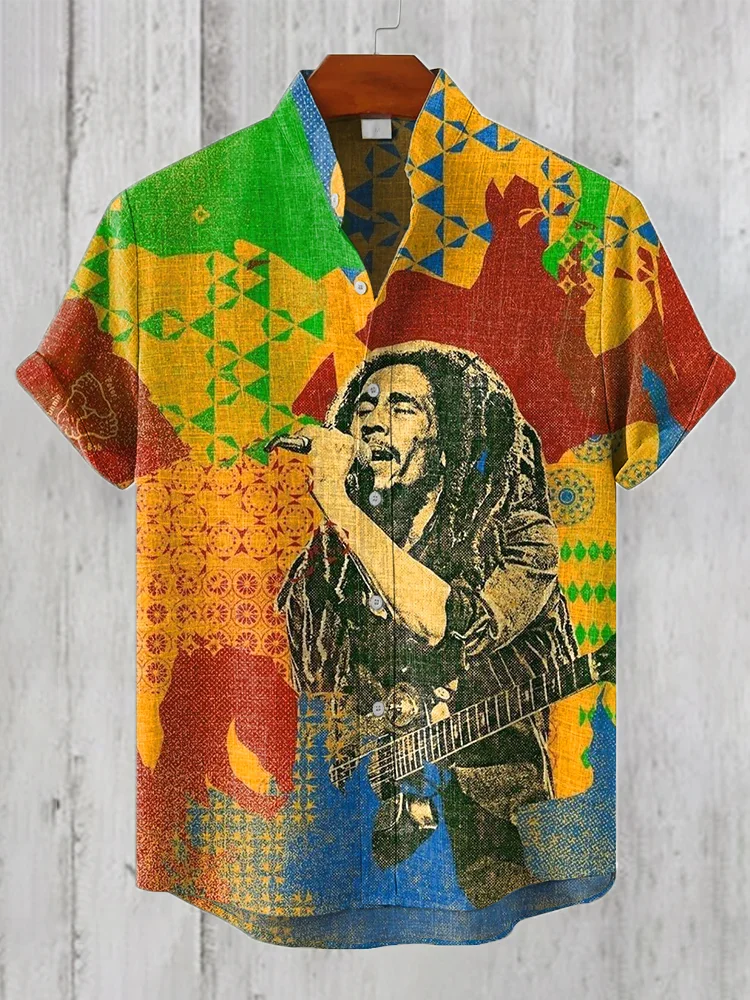 Men's Reggae Art Print Linen Blend Vintage Shirt