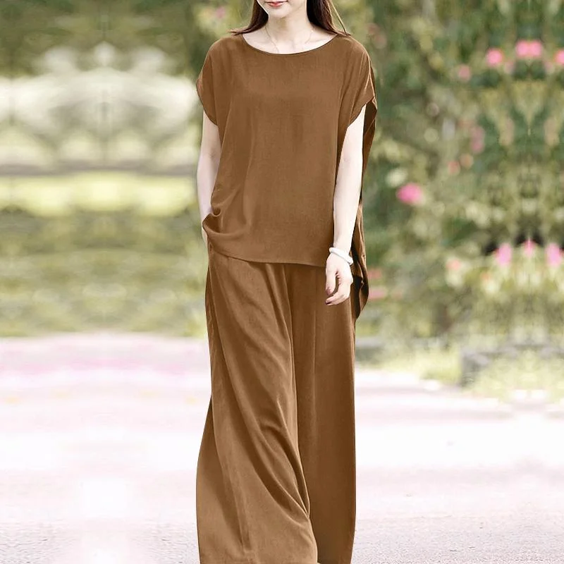 ZANZEA Oversized Summer Trousers Suits 2PCS Women Matching Sets Fashion Short Sleeve Blouse Wide Leg Pants Sets Loose Tracksuit