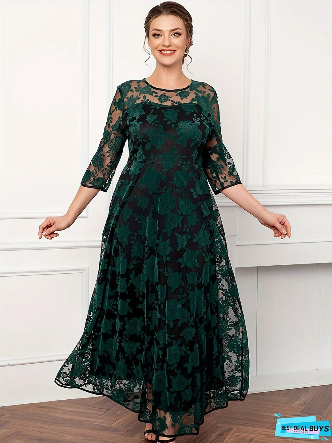 Plus Size Elegant Dress, Women's Plus Floral Print Contrast Mesh Three Quarter Sleeve Round Neck Maxi Dress