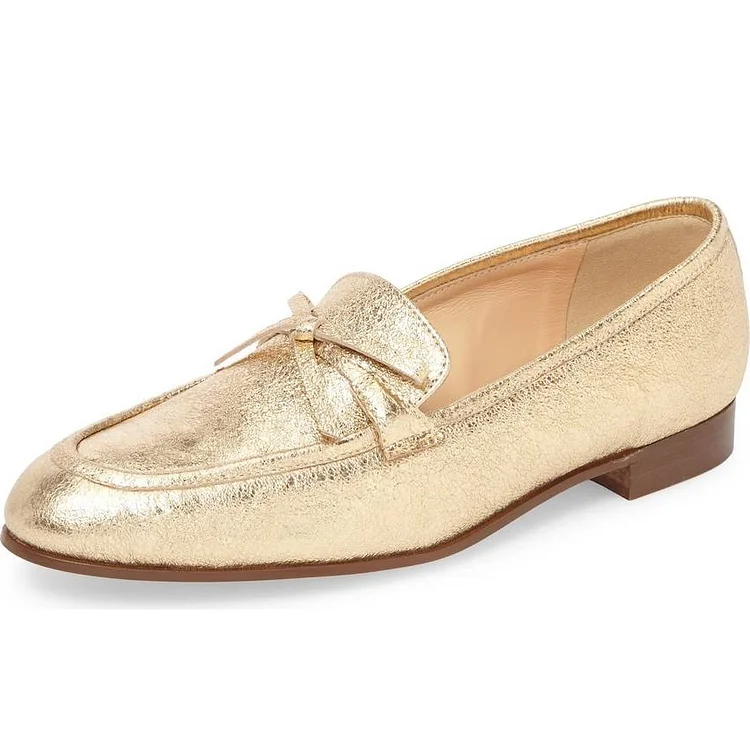 Gold Bow Elephant Print Loafers for Women Round Toe Comfortable Flats |FSJ Shoes