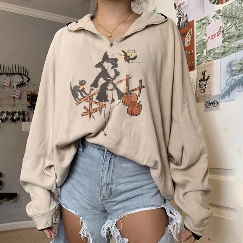 Designer zipper cat pumpkin witch printed sweatshirt