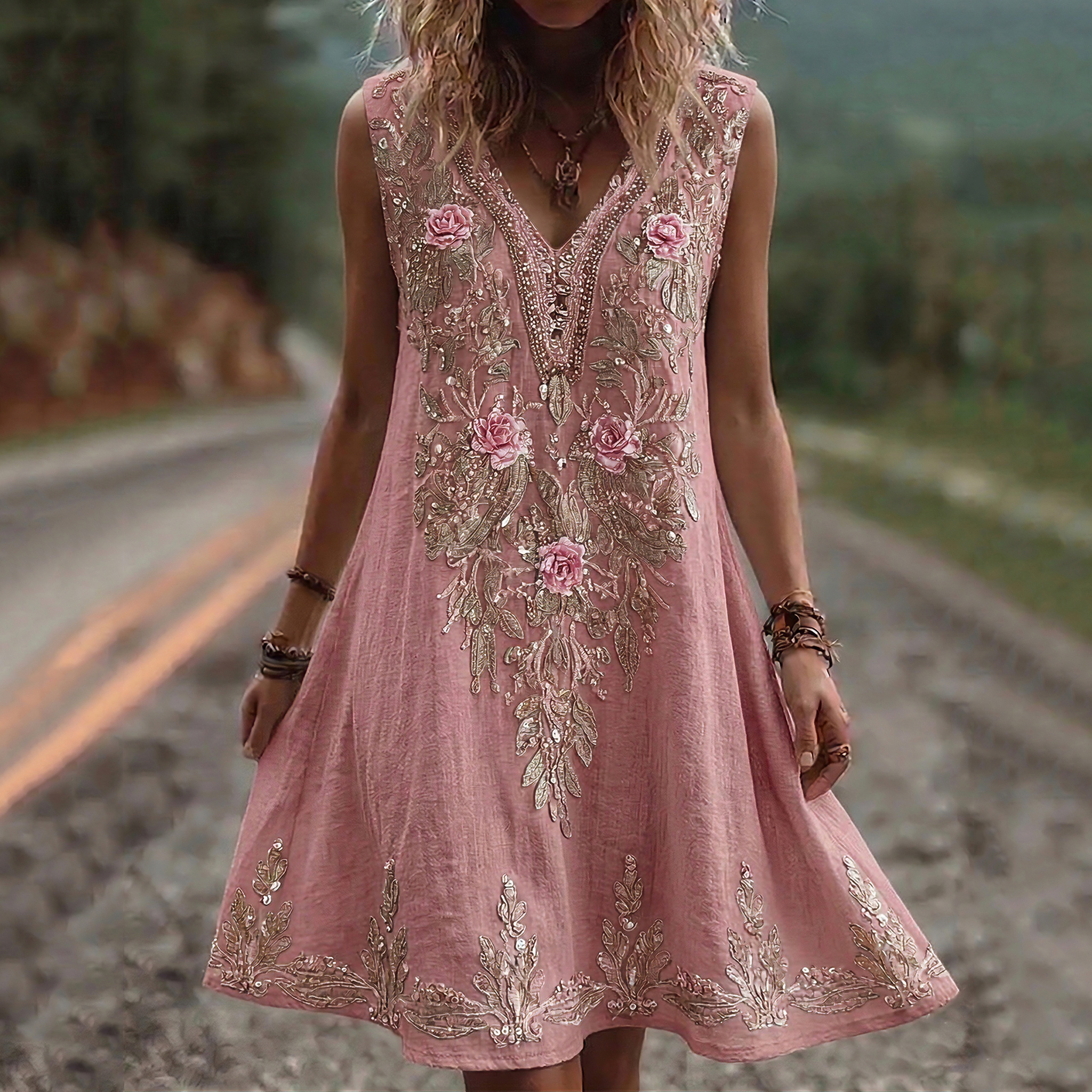 Women's Vintage Rose Floral Art V-neck Pattern Sleeveless Midi Dress elevenforest
