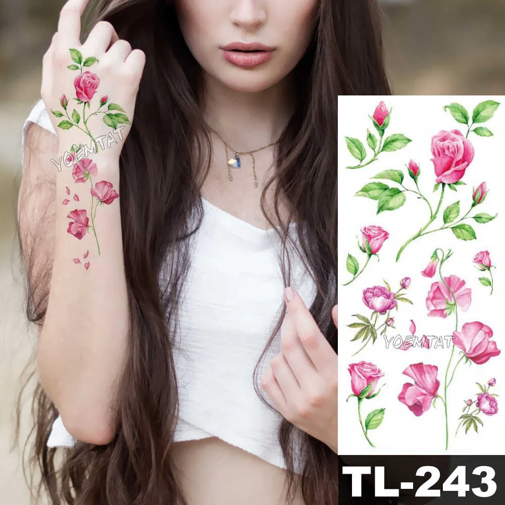 Sdrawing Flower Waterproof Fake 3D Rose Temporary Tattoos Dasiy Lily Kids Tattoo Sticker Girls Fake Arm Neck Jewels Tatoo Body Arm