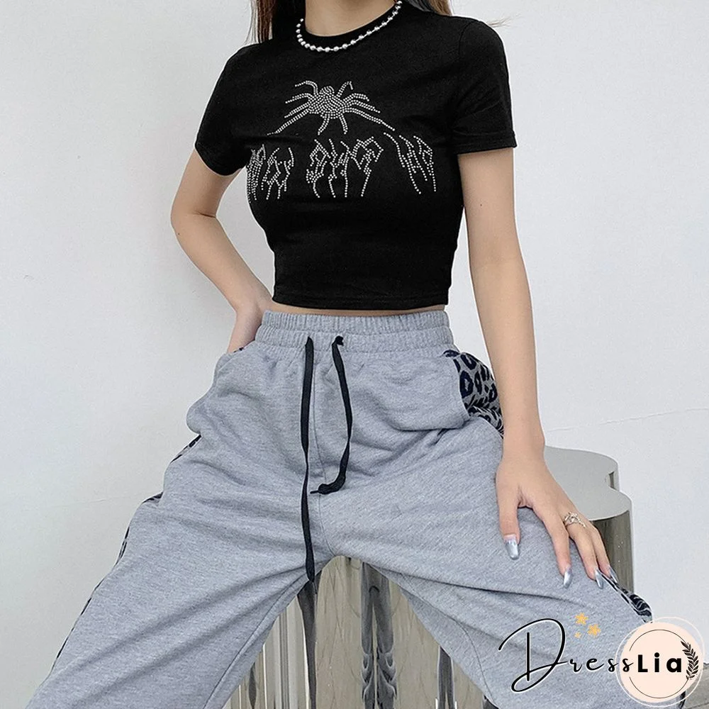 Punk Vintage Rhinestone Spider Graphic Black T-shirts Mall Goth O-neck Short Sleeve Crop Tops E-girl Aesthetics Tees