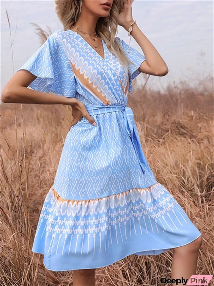 Fashion Contrasting Printed V Neck Lace Up Short Sleeve Dresses
