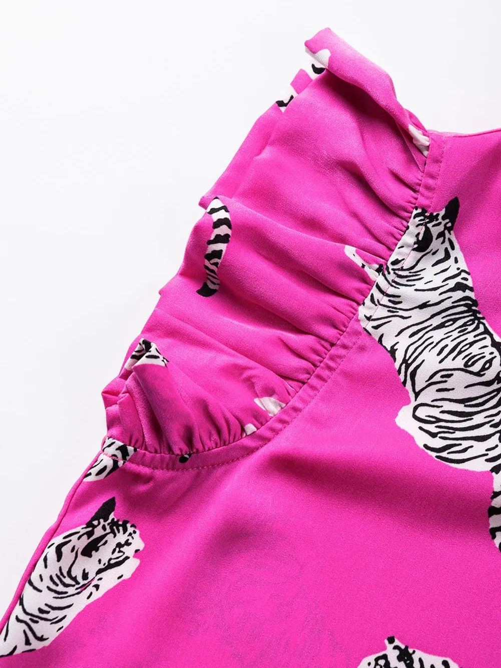 Rose Tiger Print Flutter Sleeve Round Neck Blouse