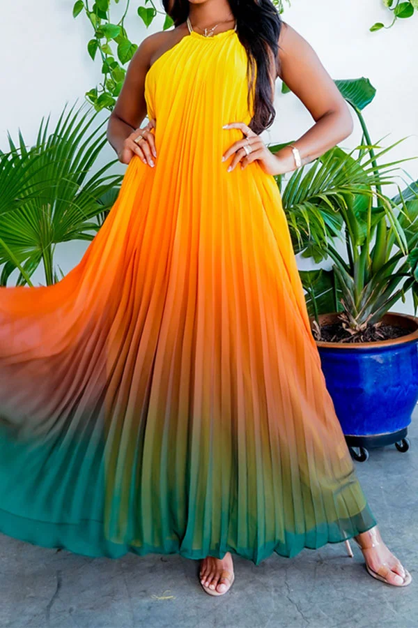 Gradient Glamorous Pleated Backless Maxi Dress