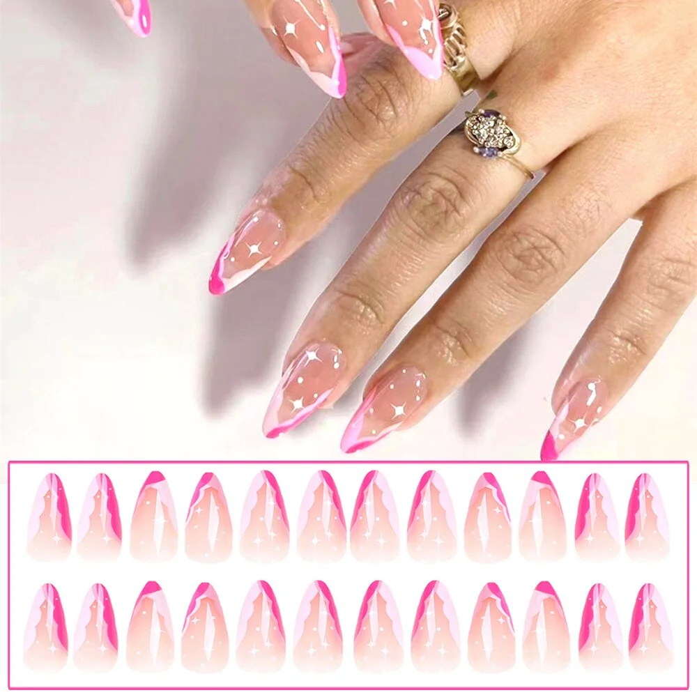 24pcs Point Head False Nails Tips Press On Nail with Heart Print Design Girl DIY Nail Patch Removable French Style Fake Nails-Nail Inspo