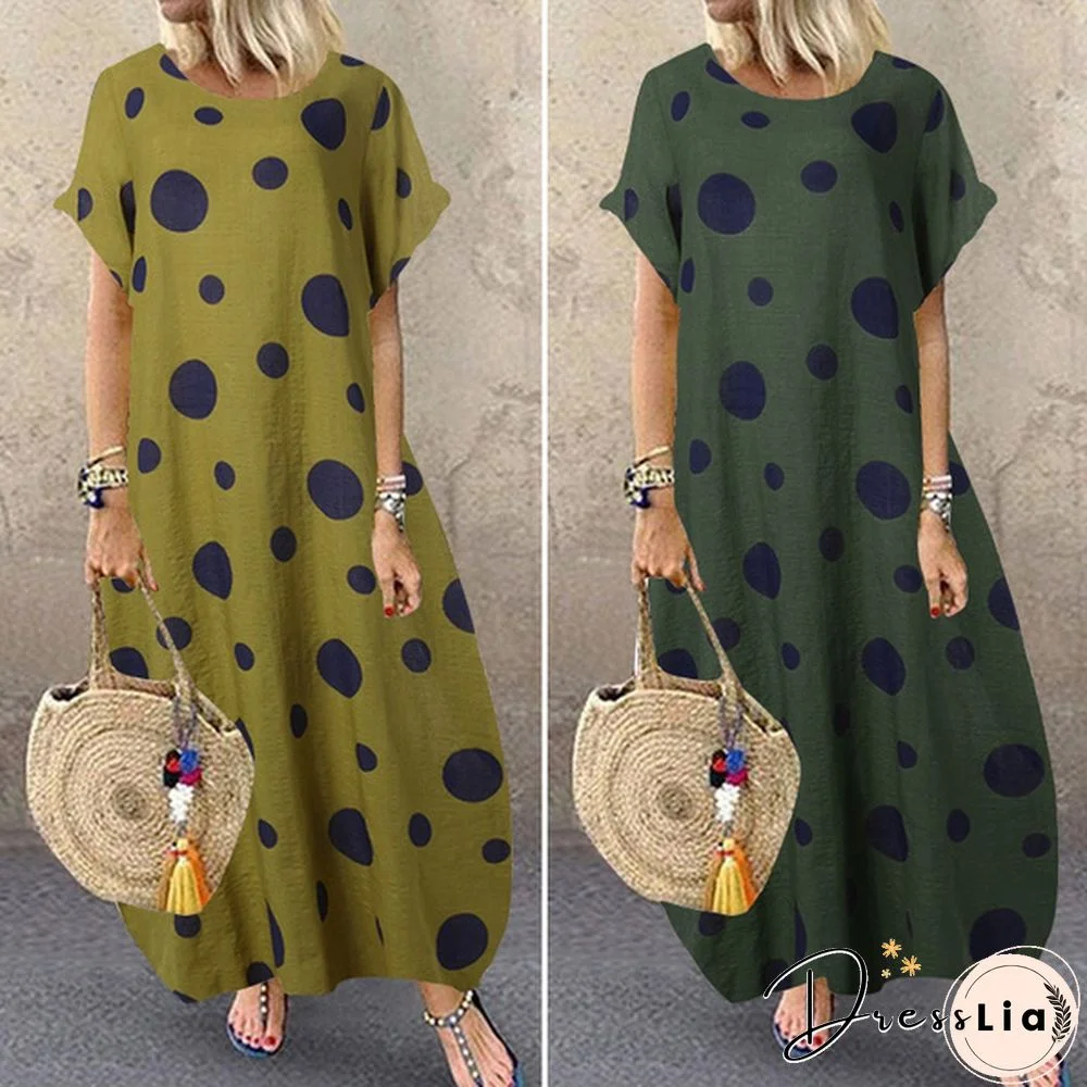 Zanzea Women O-Neck Short Sleeve Long T-Shirt Dress Casual Polka Dot Dress Kaftan