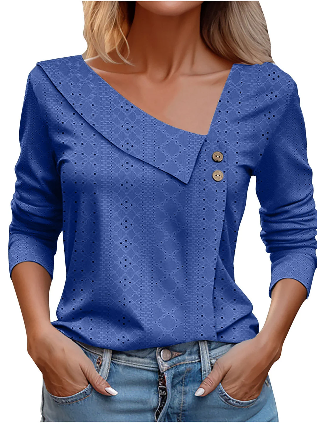 Women Long Sleeve V-neck Solid Color Buttons Tops