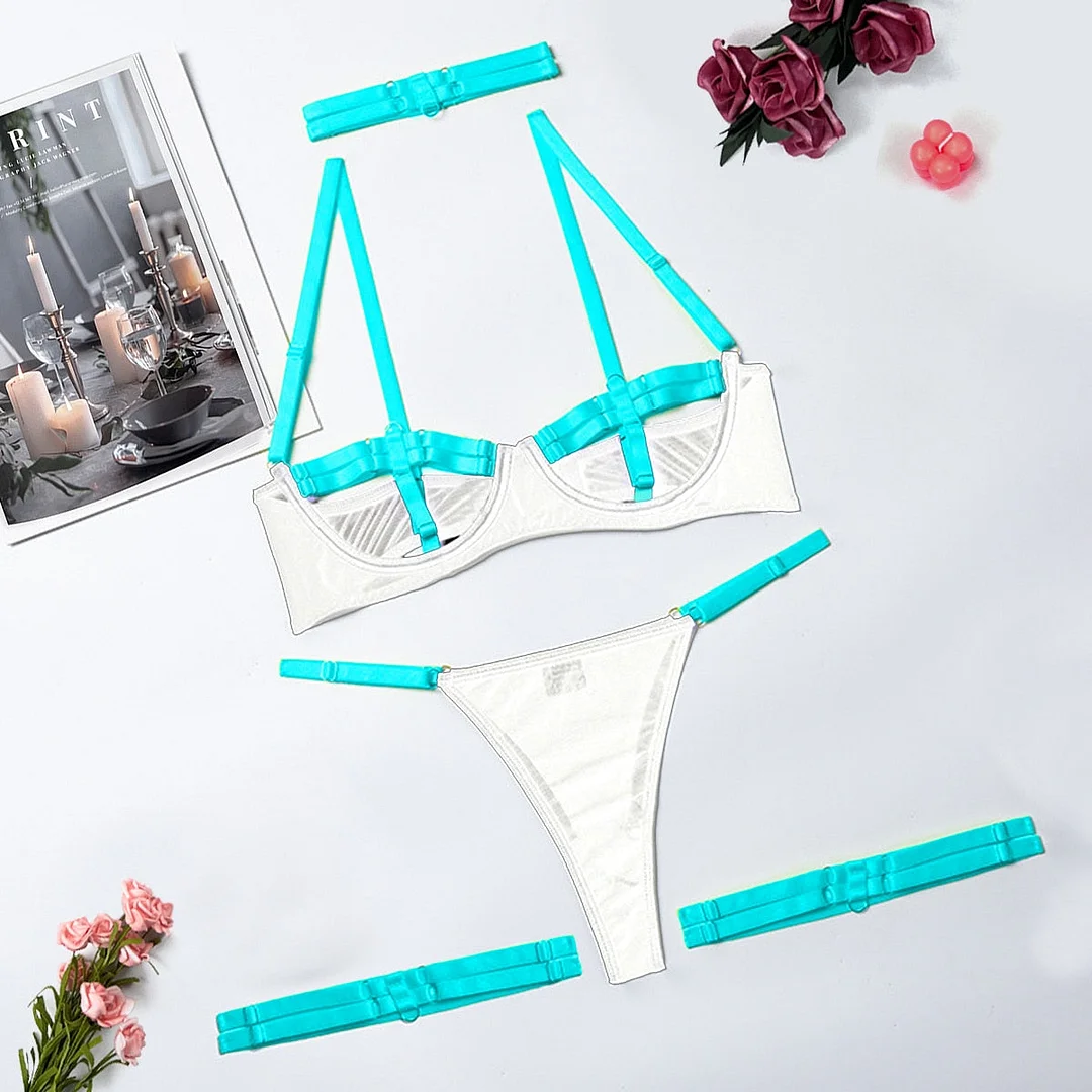 MIRABELLE Sexy Lingerie Hollow Out Erotic Costumes Transparent Bra Thong Outfits Hot Porn Lingerie Bottom Whore 4-Piece Sex Suit