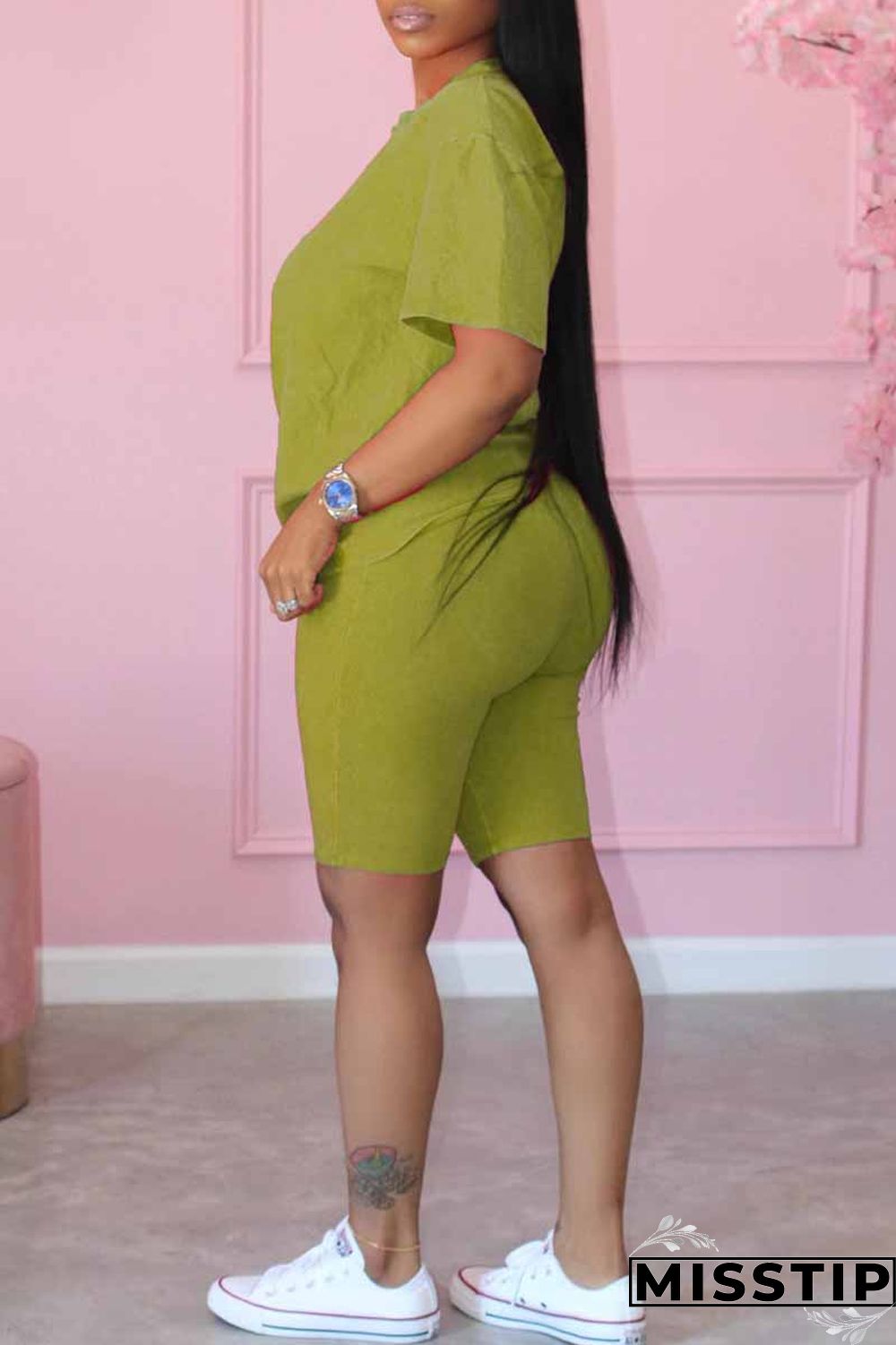 Khaki Casual Print Letter O Neck Short Sleeve Two Pieces