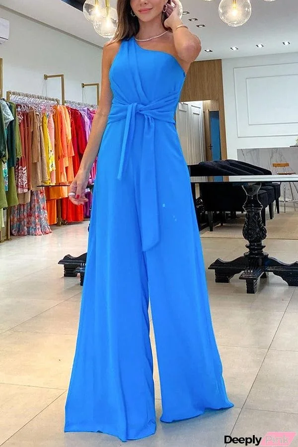 Amore One Shoulder Tie Front Ruched Wide Leg Jumpsuit