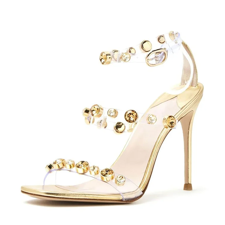 Gold Rhinestone Embellished Ankle Strap Stiletto Heel Women's Sandals |FSJ Shoes