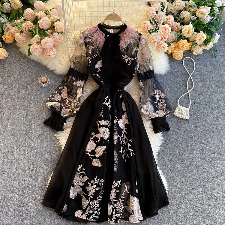 Vintage Dress, Luditu Midi Dress, Party Dress, Embroidered Dress,  Gown, Magnolia Feather in Black