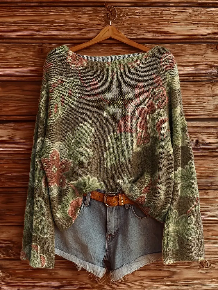 Women's Vintage Floral Art Pattern Print Casual Pullover Sweater