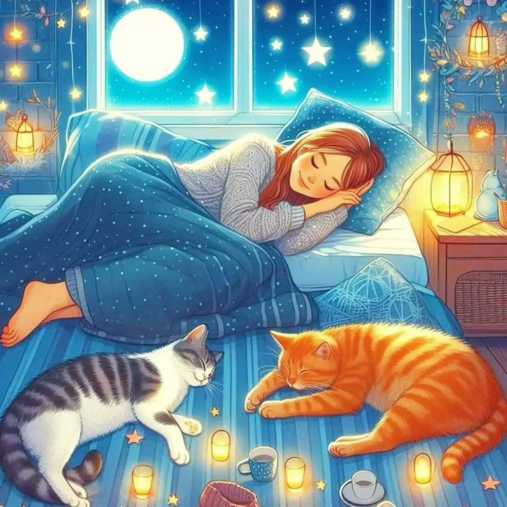 Illustration Characters And Kittens 40*40cm(canvas) full round drill diamond painting