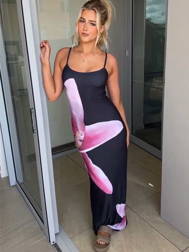 Ootddress Contrast Spaghetti Slim Maxi Dress Female Printed Off-Shoulder Fashion Holiday Beach Dress Patchwork Summer Party Dress