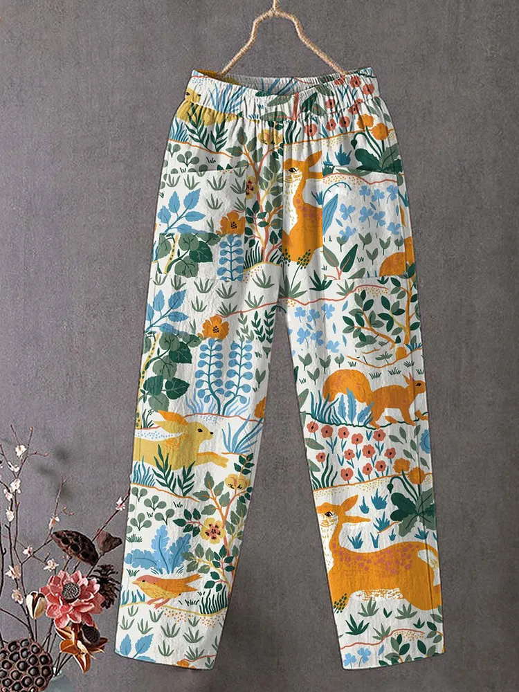 Women's Vintage  Forest Animals Art Print Cotton And Linen Casual Pants
