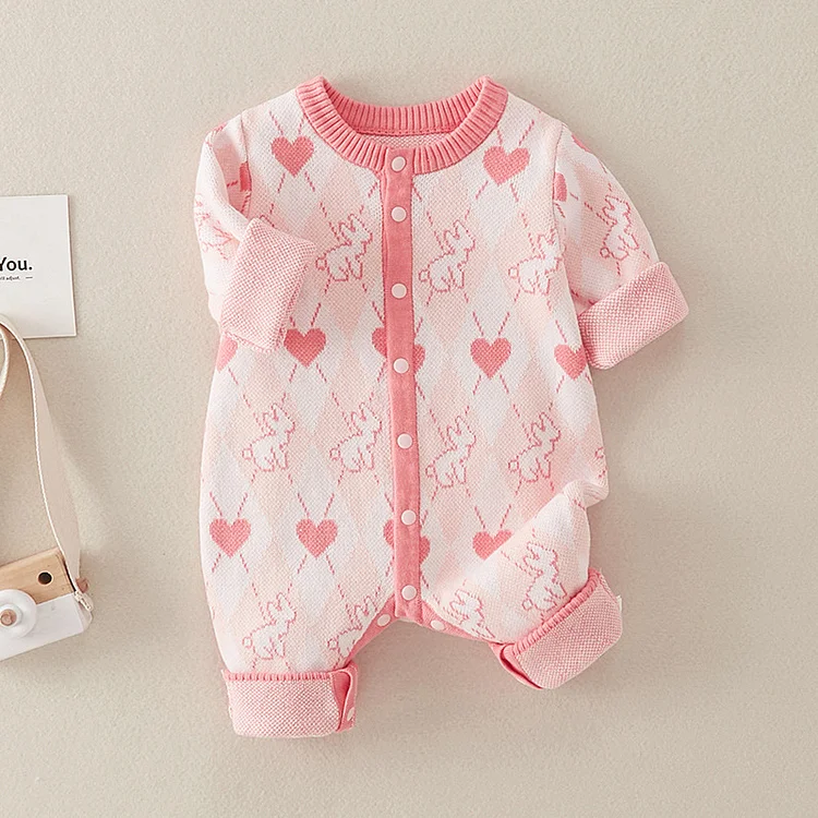 New Born Baby Girl Rabbit & Heart Pattern Button Up Knitted Romper