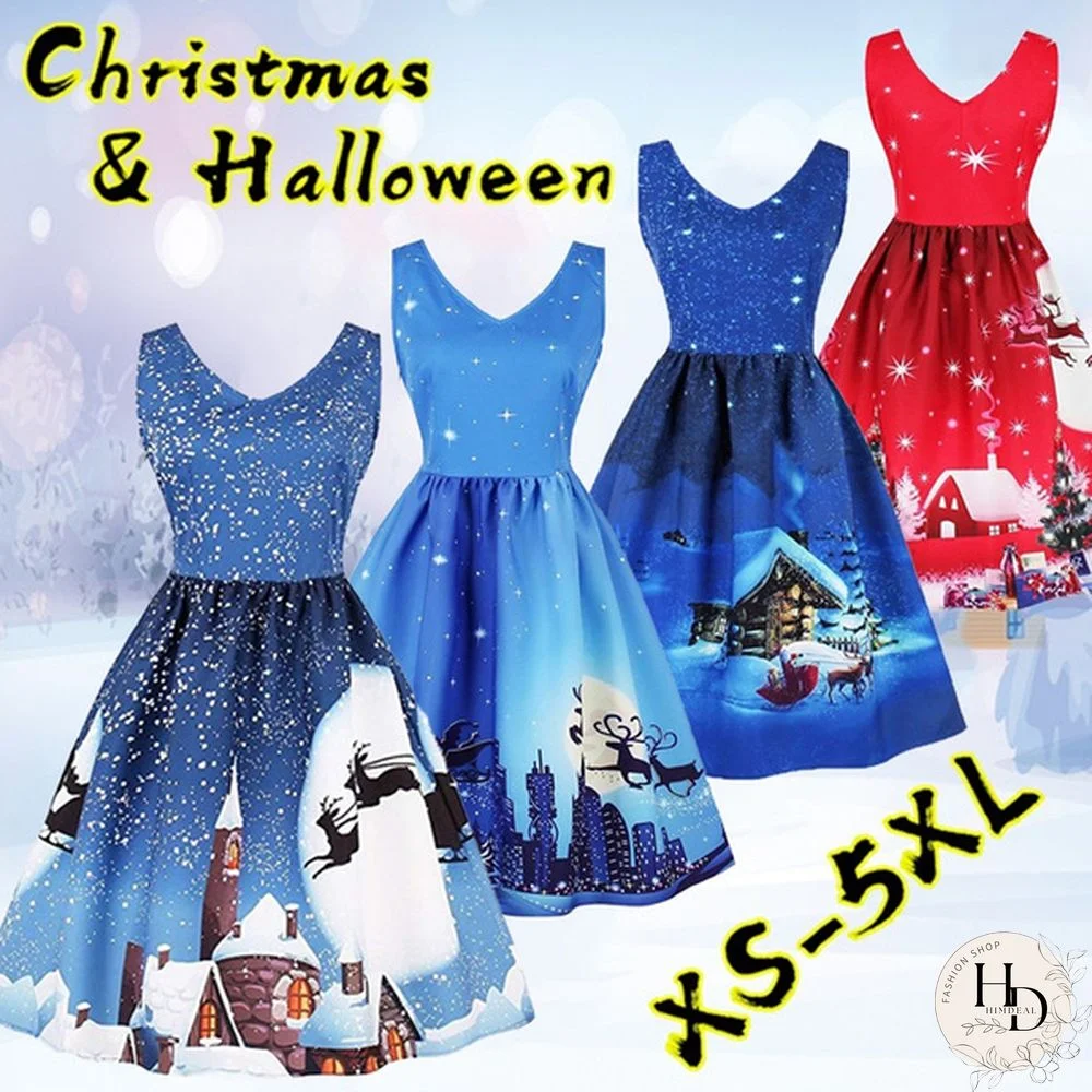 Fashion Women Casual Merry Christmas Elk Santa Printed Slim Waist Sleevless Swing Flared Dresses Plus Size S-XXXXXL