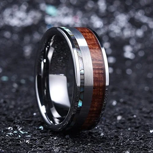 6MM 8MM Women's Or Men's Wedding Tungsten Carbide Wedding Rings Rainbow Abalone Shell & Wood Inlay Flat Edged Comfort Fit Brushed