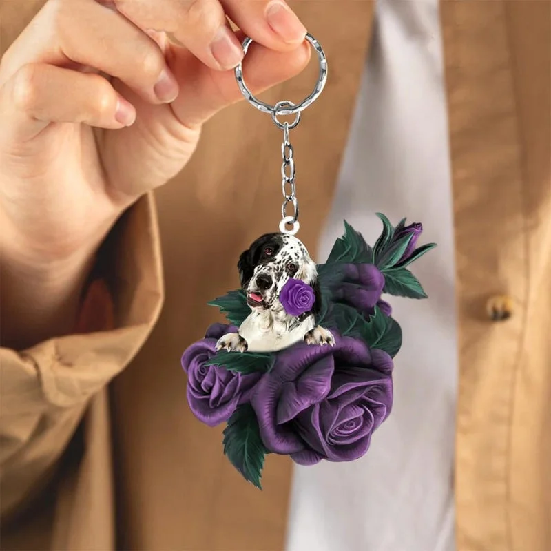 VigorDaily English Setter In Purple Rose Acrylic Keychain PR095