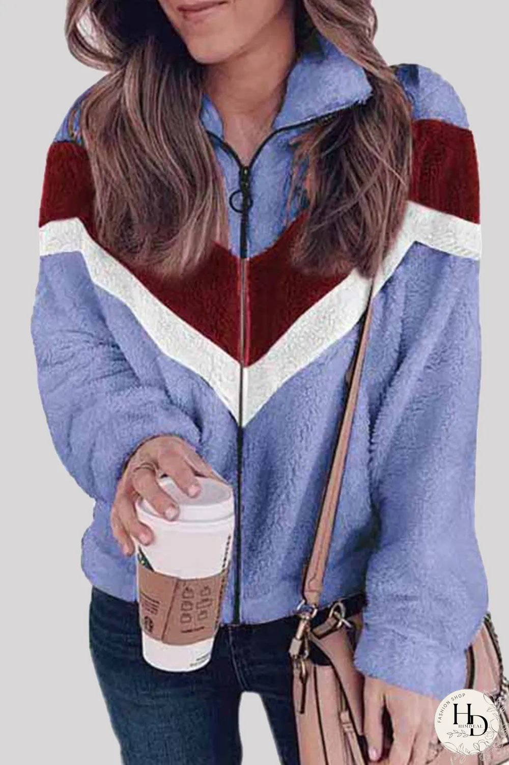Casual Striped Split Joint  Contrast Zipper Collar Outerwear