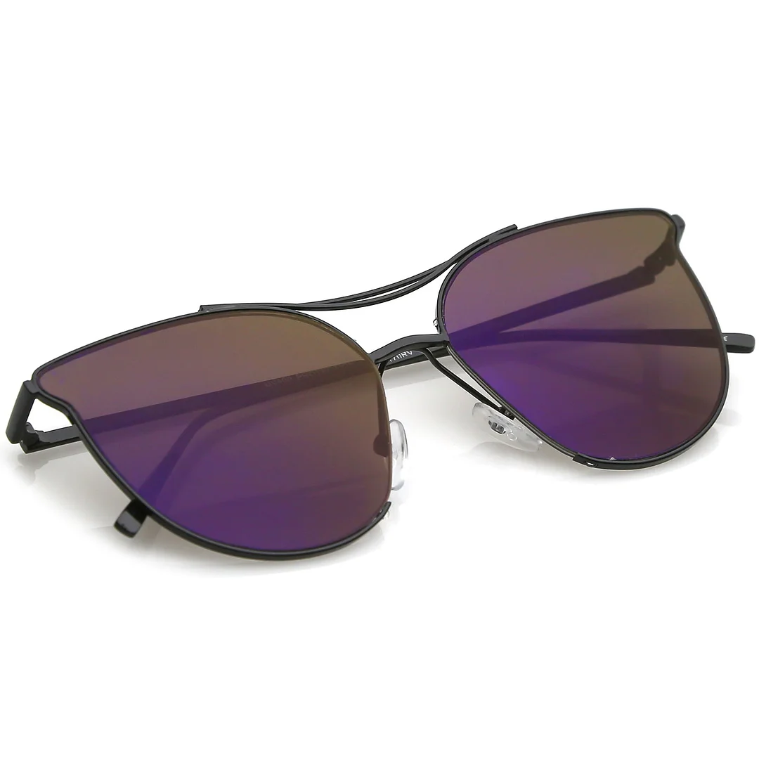 Modern Metal Cat Eye glasses With Double Nose Bridge Round Mirrored Flat Lens 55mm