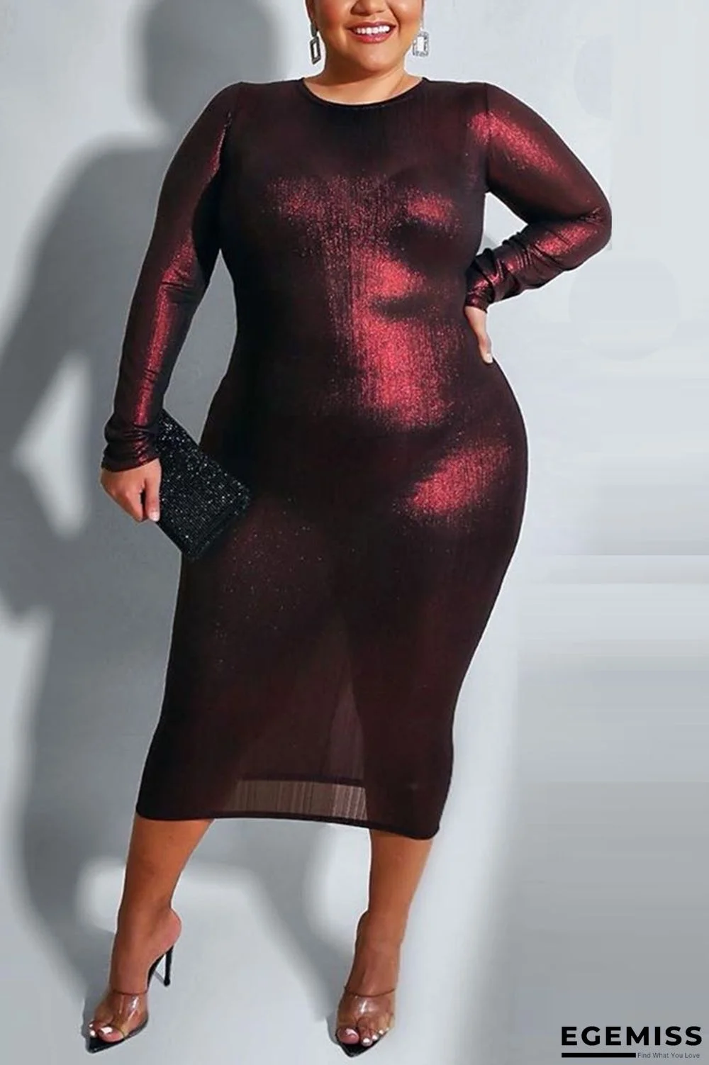 Wine Red Fashion Long Sleeve Plus Size Dress | EGEMISS